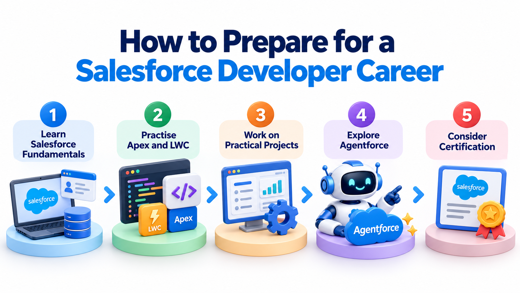 How to Prepare for a Salesforce Developer Career – 5-Step Roadmap with Salesforce Fundamentals, Apex and LWC, Practical Projects, Agentforce, and Certification.